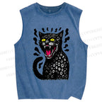 Unisex Angry Cat Printed Washed Tank Top