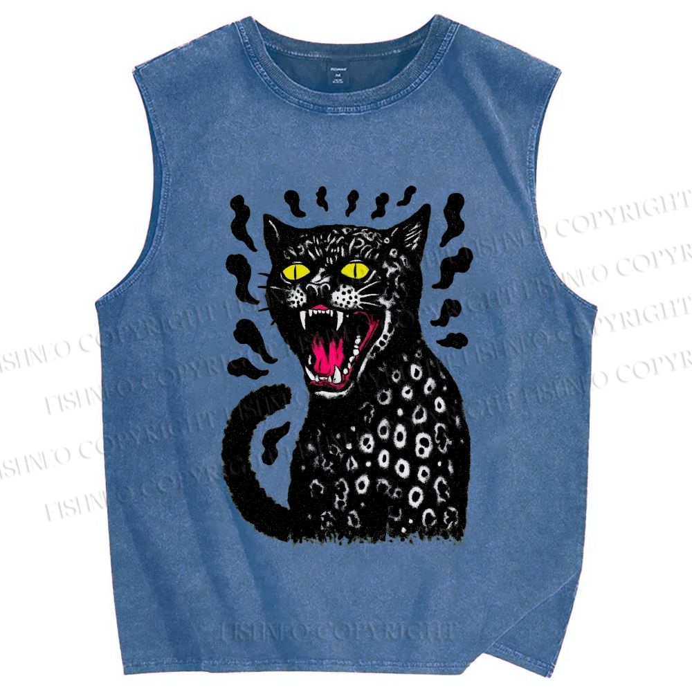Unisex Angry Cat Printed Washed Tank Top