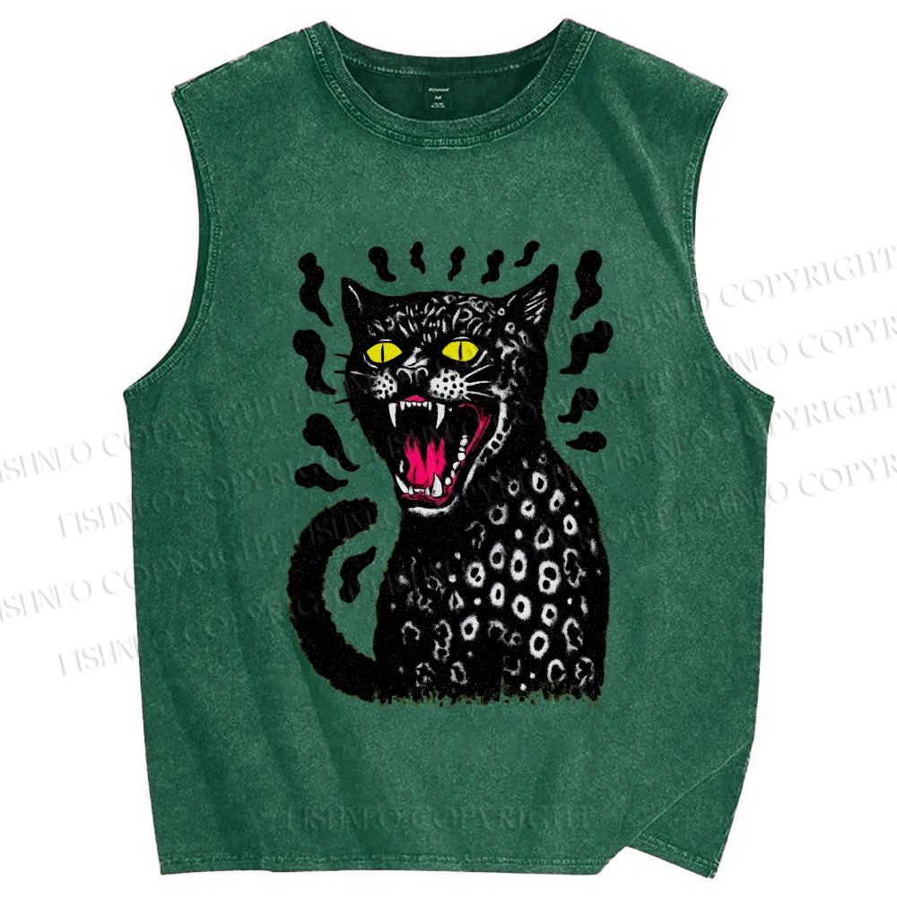 Unisex Angry Cat Printed Washed Tank Top