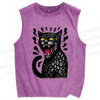 Unisex Angry Cat Printed Washed Tank Top