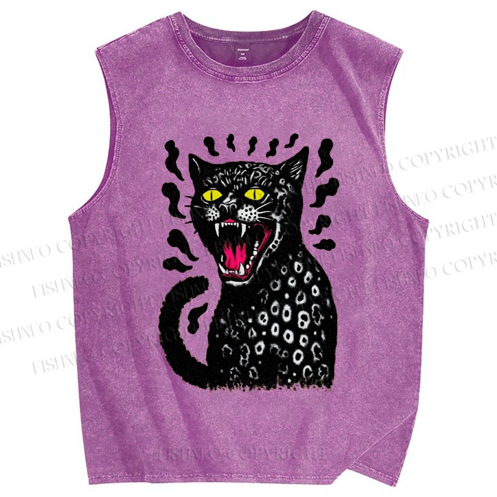 Unisex Angry Cat Printed Washed Tank Top
