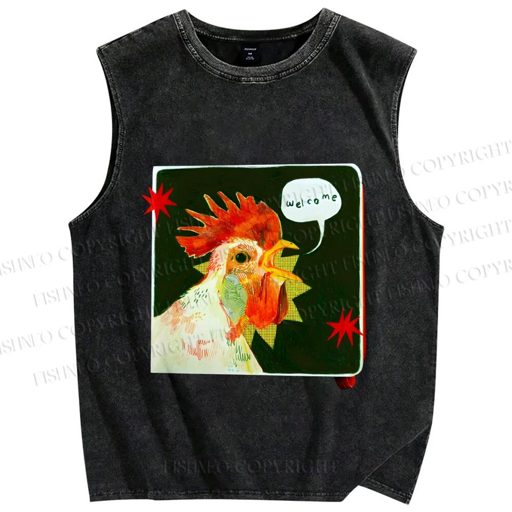 Unisex Hospitable Rooster Printed Washed Tank Top