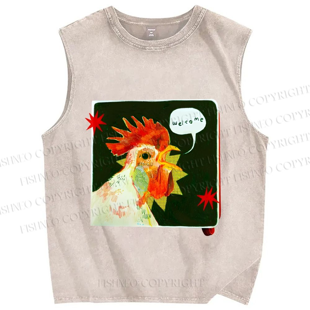 Unisex Hospitable Rooster Printed Washed Tank Top