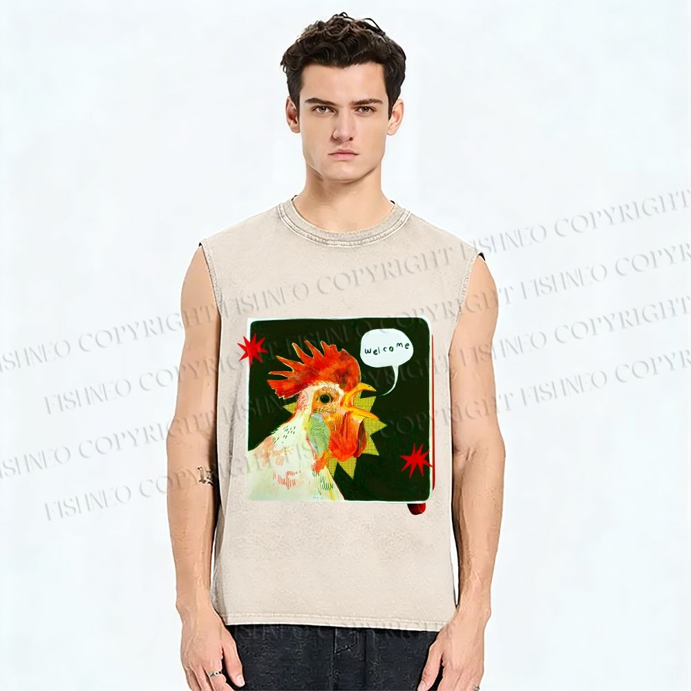 Unisex Hospitable Rooster Printed Washed Tank Top