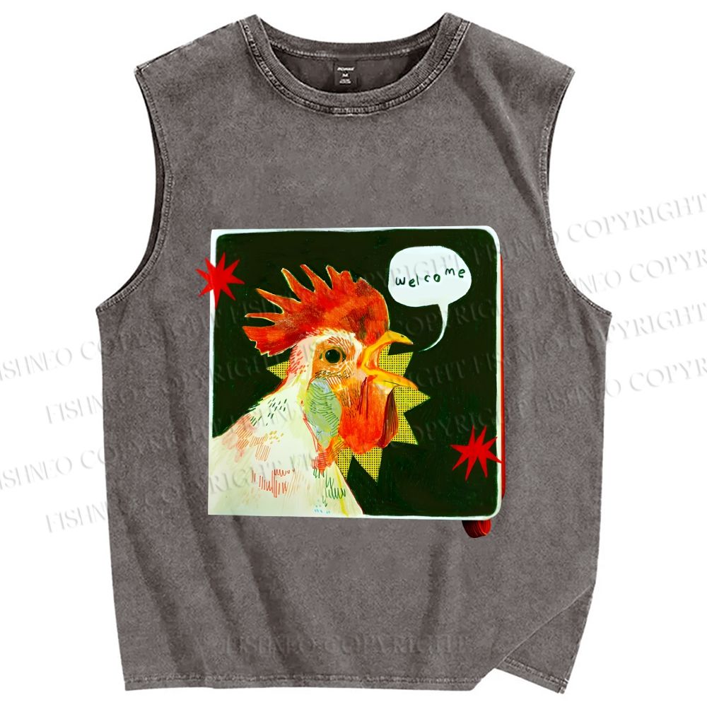 Unisex Hospitable Rooster Printed Washed Tank Top