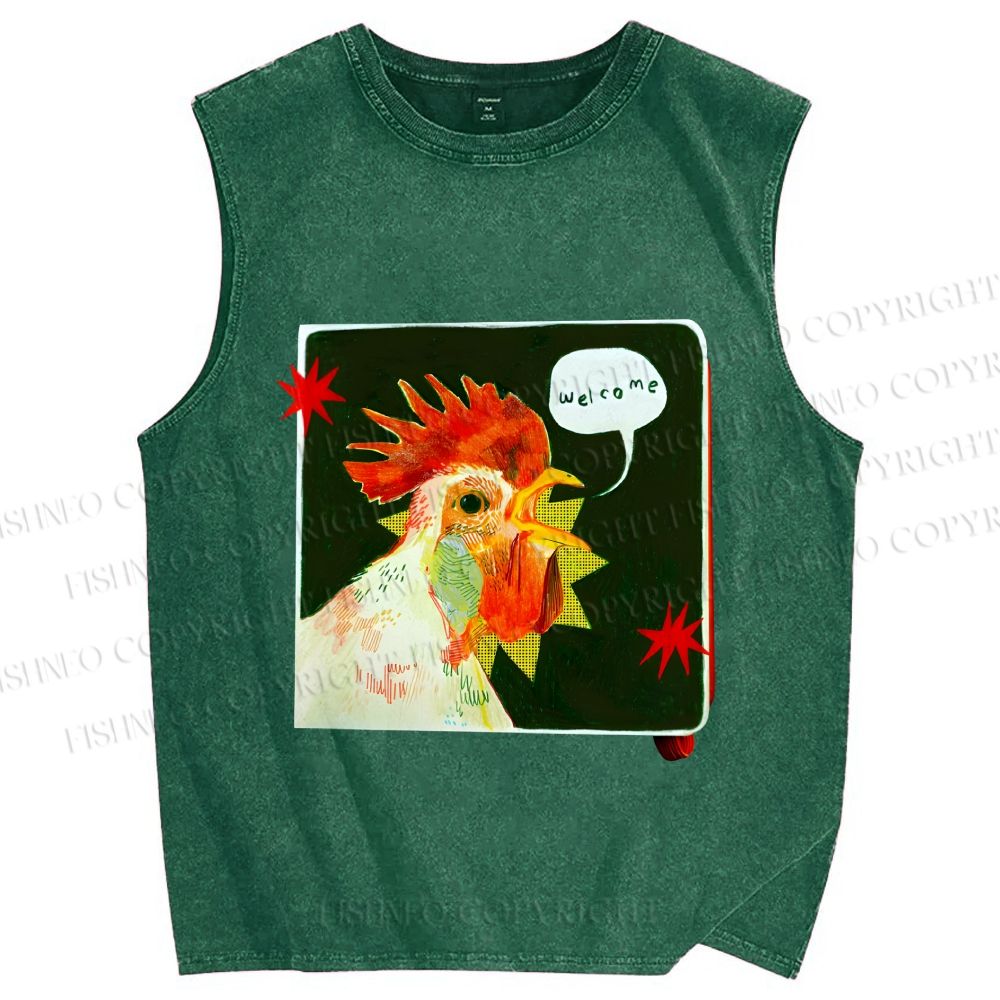 Unisex Hospitable Rooster Printed Washed Tank Top