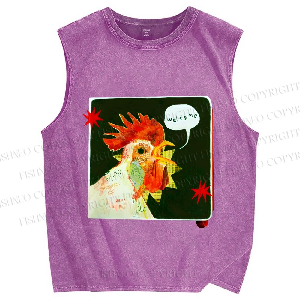 Unisex Hospitable Rooster Printed Washed Tank Top