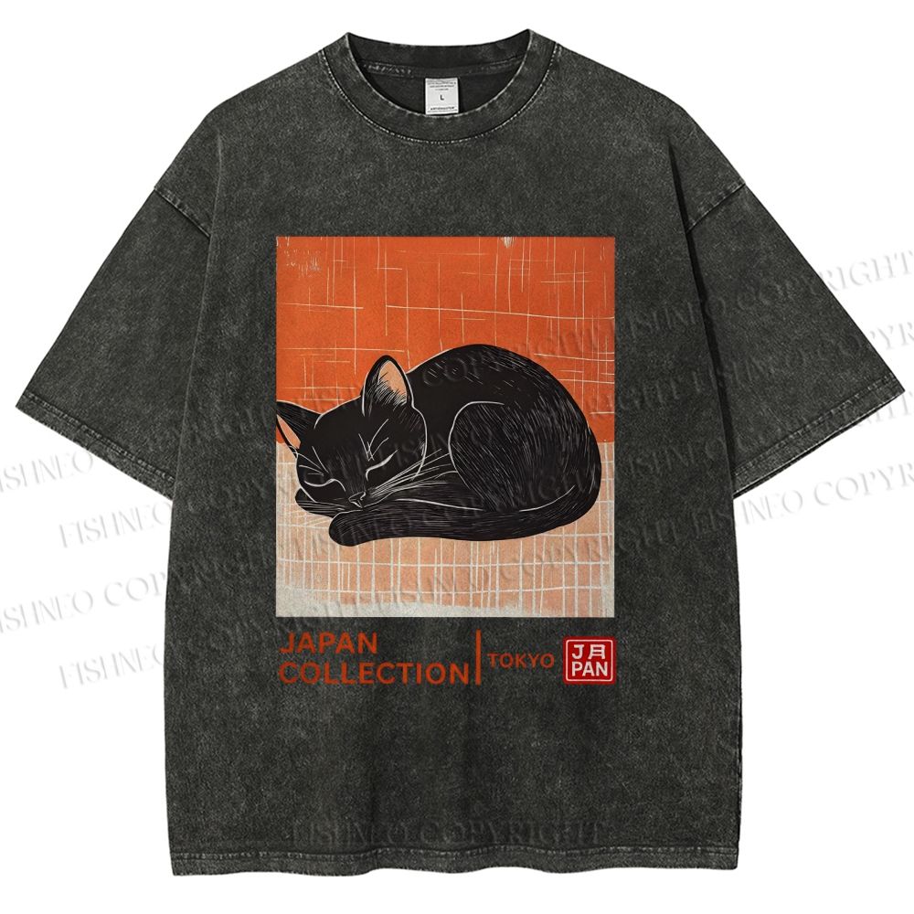 Unisex Japan Cat Printed Washed Tee