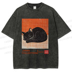 Unisex Japan Cat Printed Washed Tee