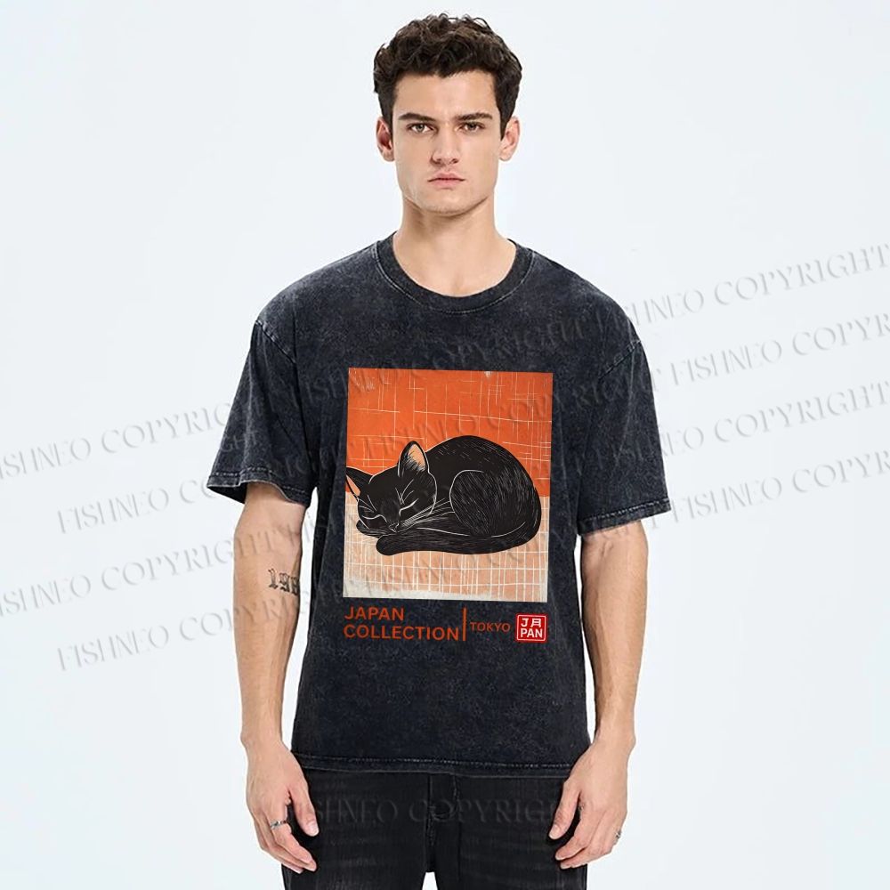 Unisex Japan Cat Printed Washed Tee