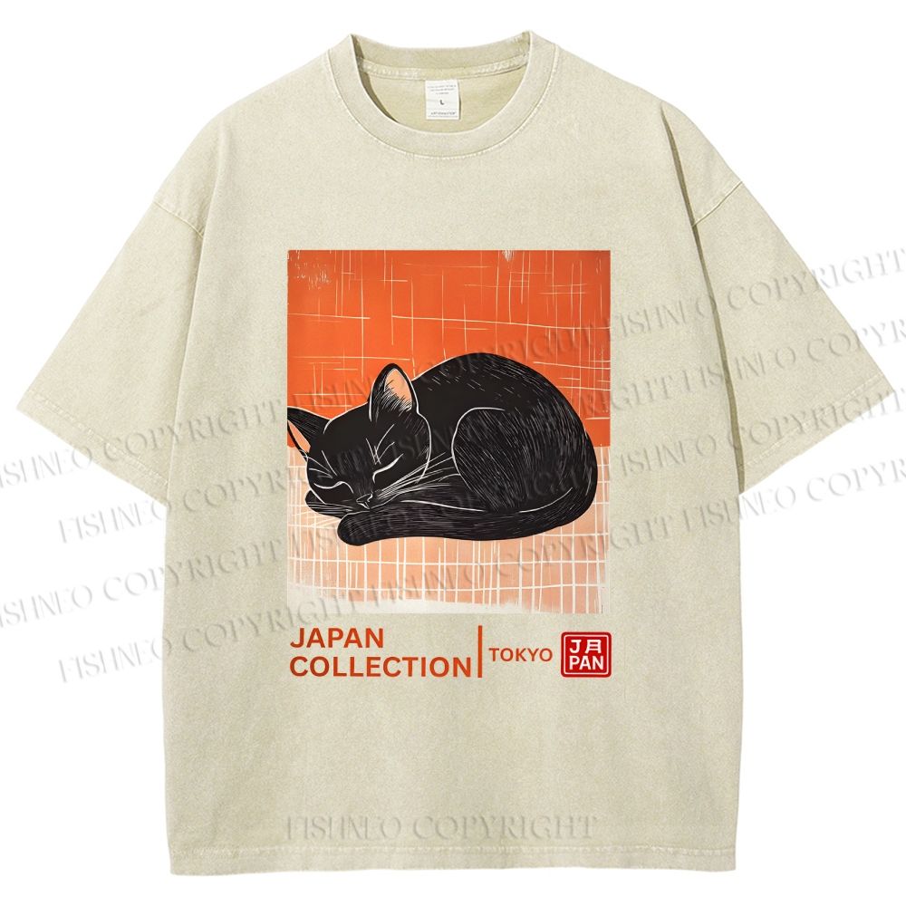 Unisex Japan Cat Printed Washed Tee