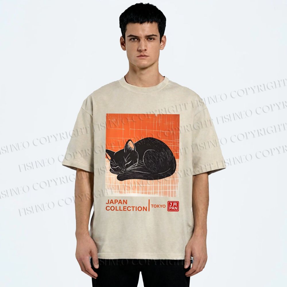 Unisex Japan Cat Printed Washed Tee