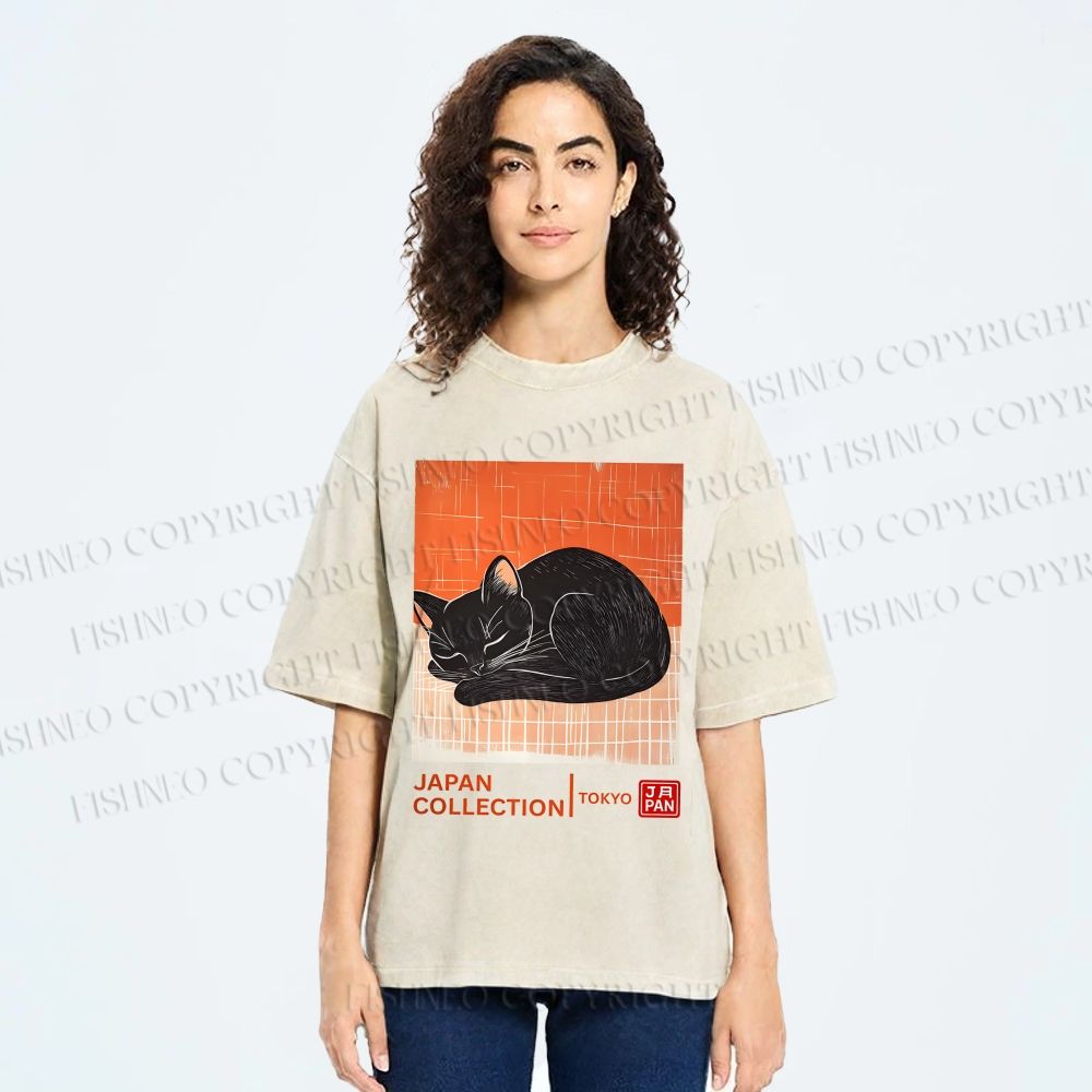 Unisex Japan Cat Printed Washed Tee