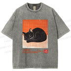 Unisex Japan Cat Printed Washed Tee
