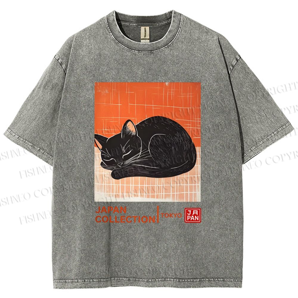 Unisex Japan Cat Printed Washed Tee