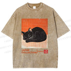 Unisex Japan Cat Printed Washed Tee
