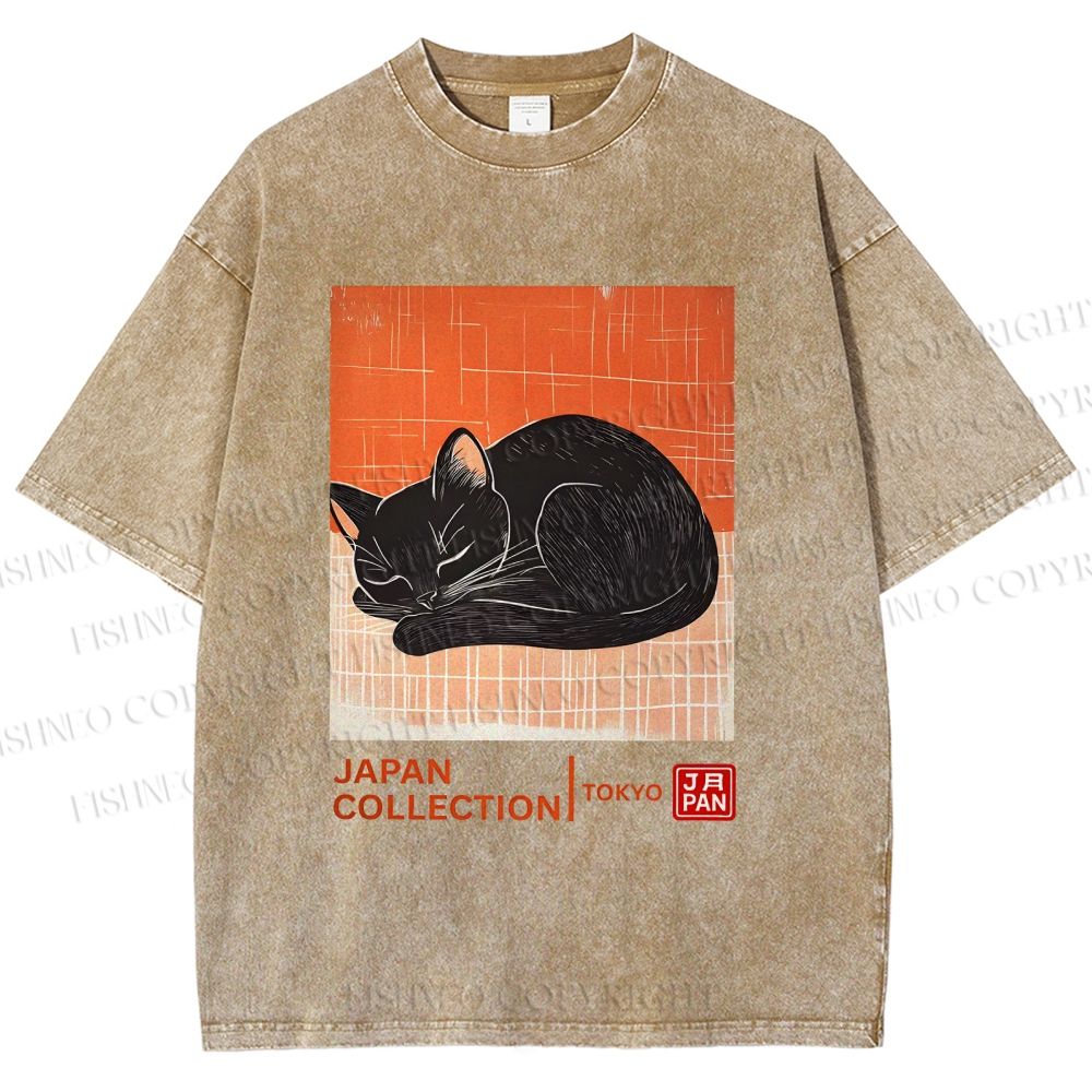 Unisex Japan Cat Printed Washed Tee