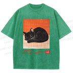 Unisex Japan Cat Printed Washed Tee