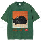 Unisex Japan Cat Printed Washed Tee
