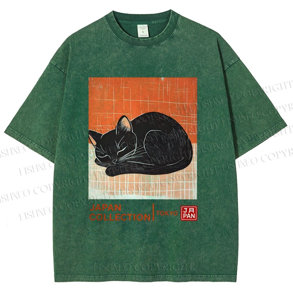 Unisex Japan Cat Printed Washed Tee