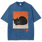 Unisex Japan Cat Printed Washed Tee