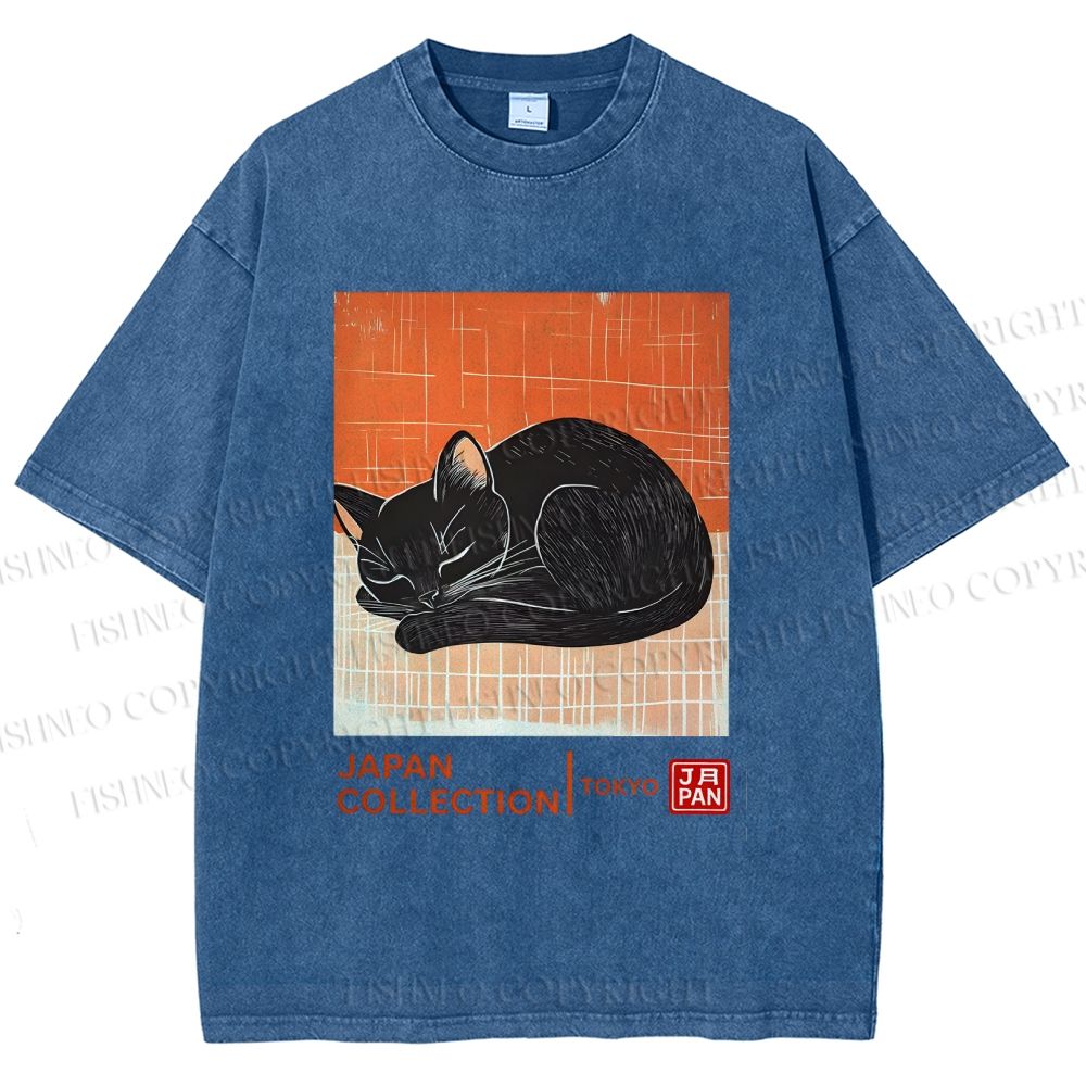 Unisex Japan Cat Printed Washed Tee