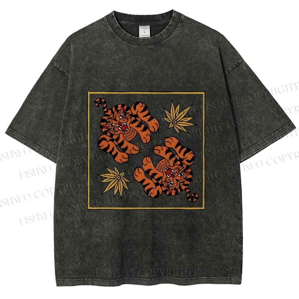 Unisex Two Funny Tigers Printed Washed Tee