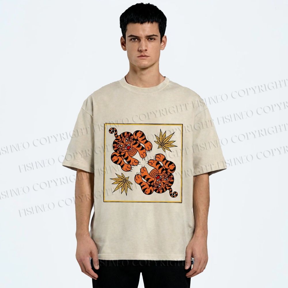 Unisex Two Funny Tigers Printed Washed Tee