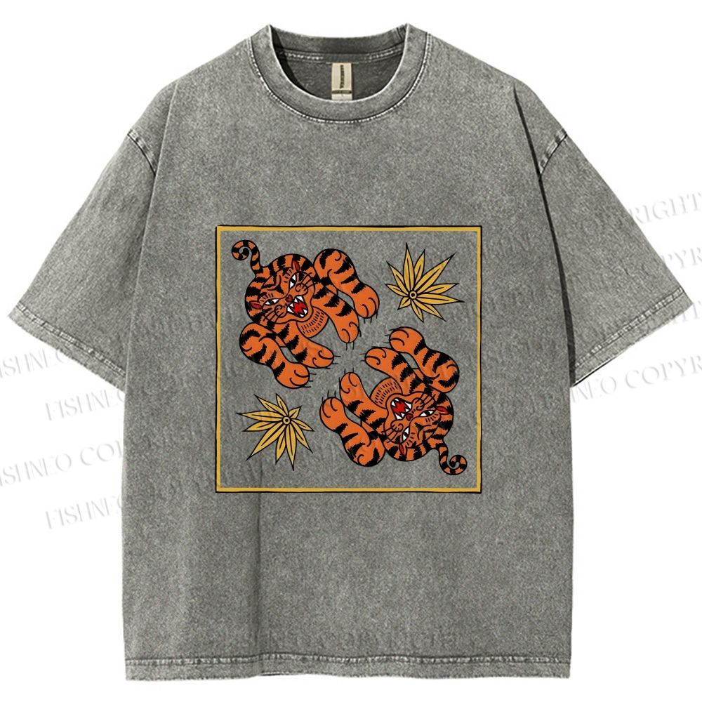 Unisex Two Funny Tigers Printed Washed Tee