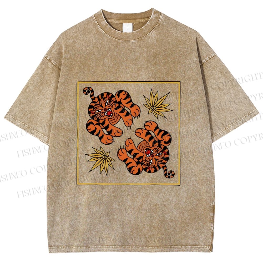 Unisex Two Funny Tigers Printed Washed Tee