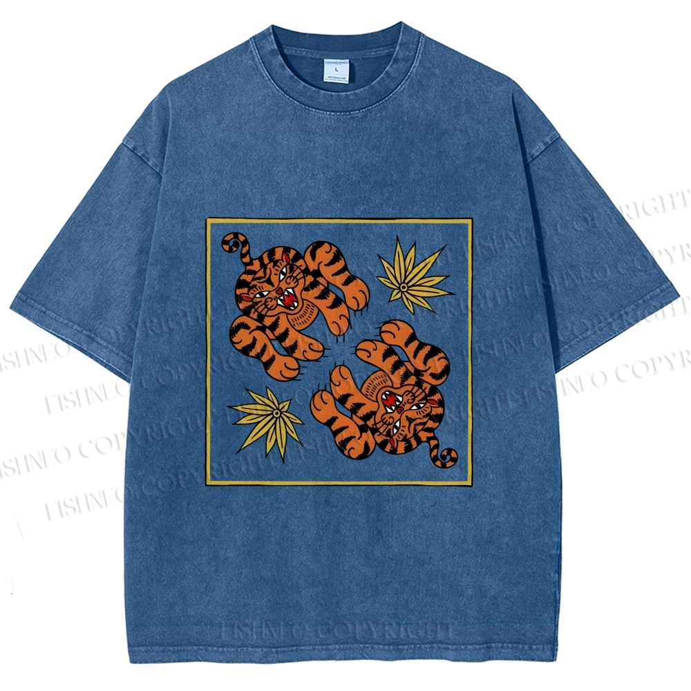 Unisex Two Funny Tigers Printed Washed Tee