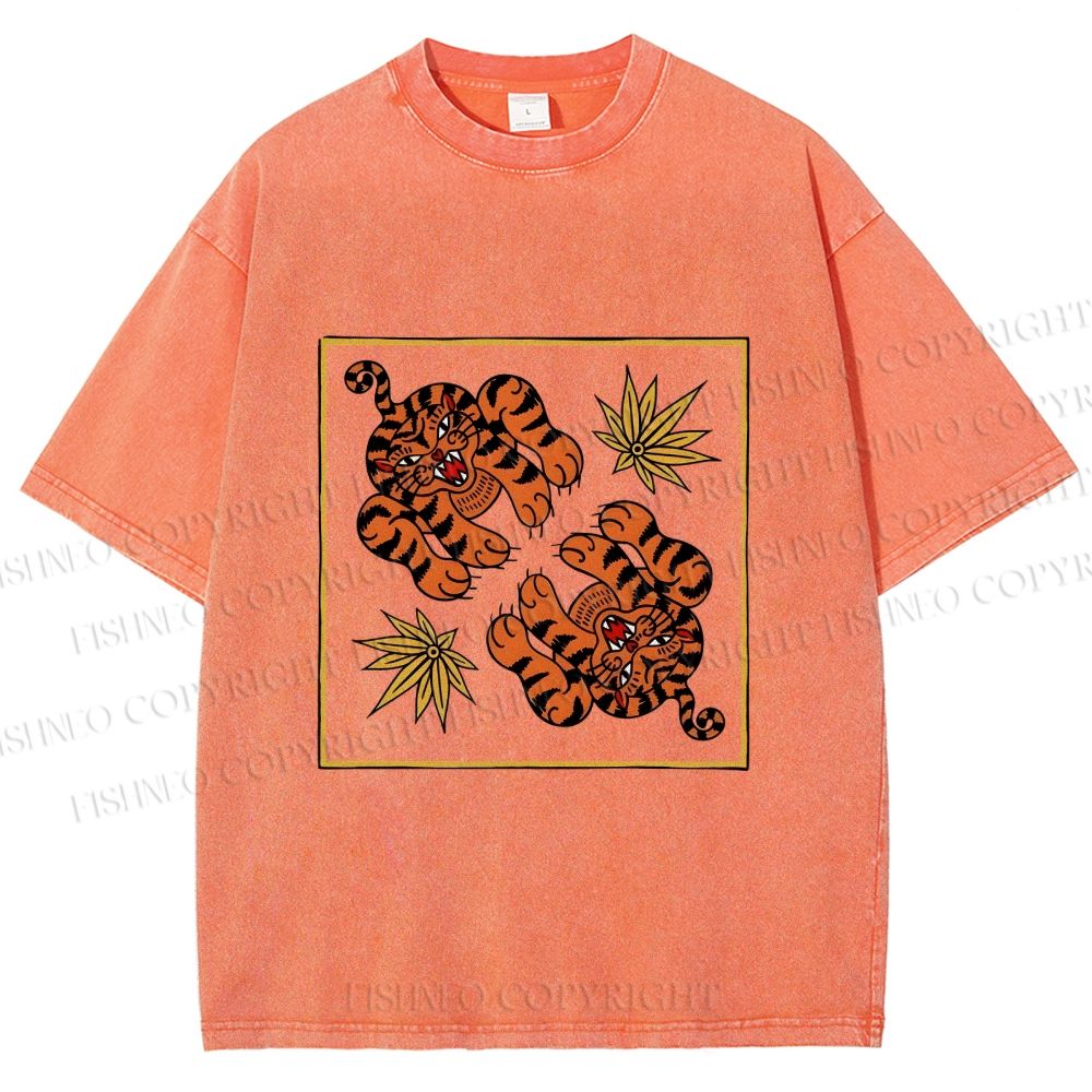 Unisex Two Funny Tigers Printed Washed Tee