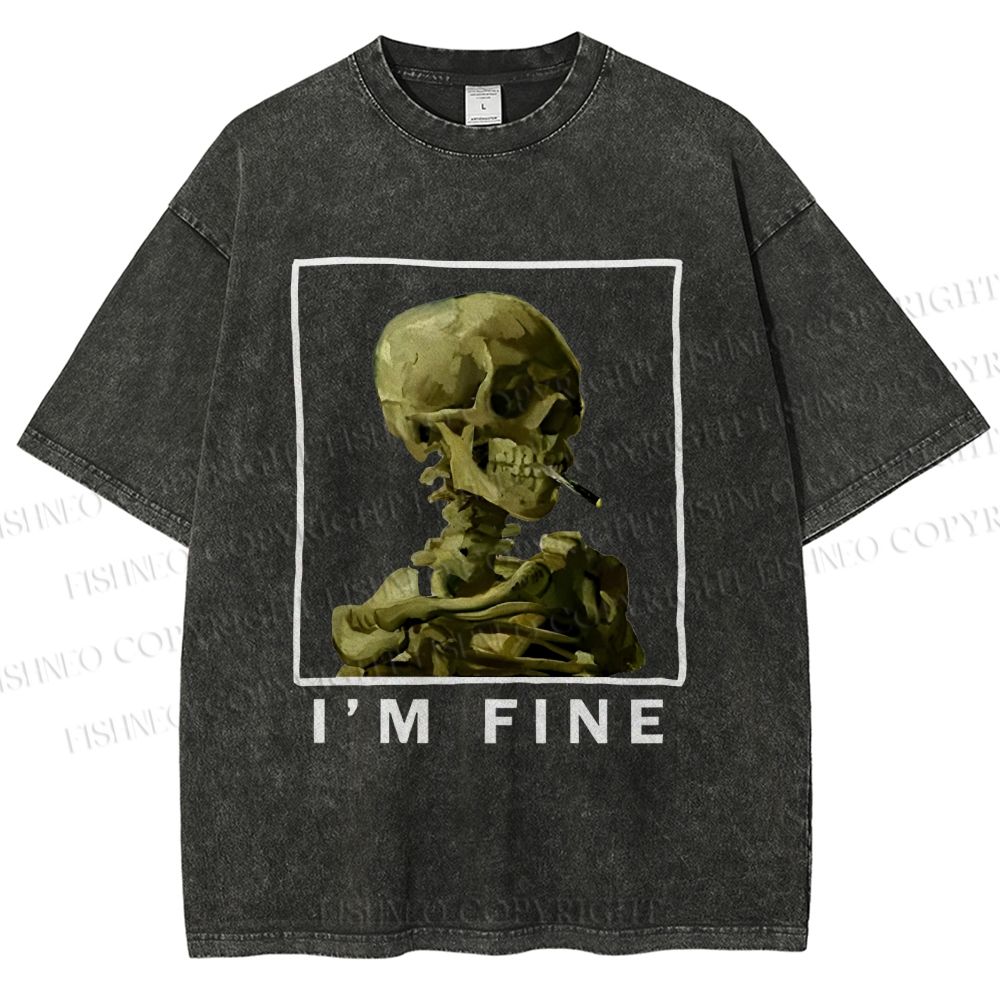 Unisex Skeleton Says Im Fine Printed Washed Tee