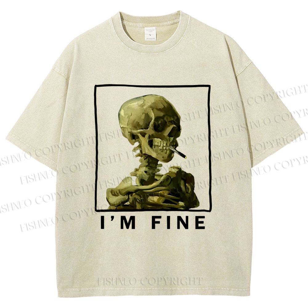 Unisex Skeleton Says Im Fine Printed Washed Tee