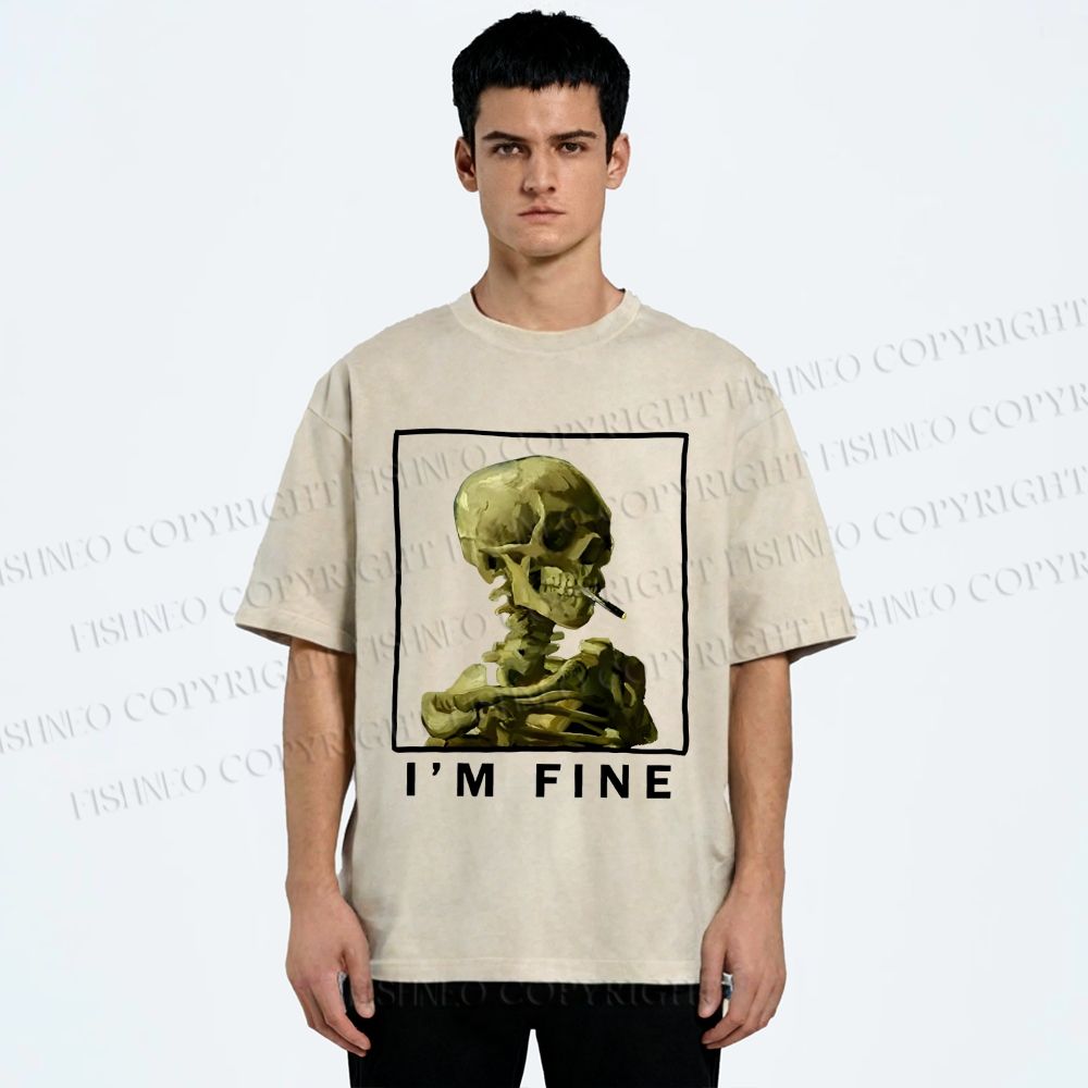 Unisex Skeleton Says Im Fine Printed Washed Tee