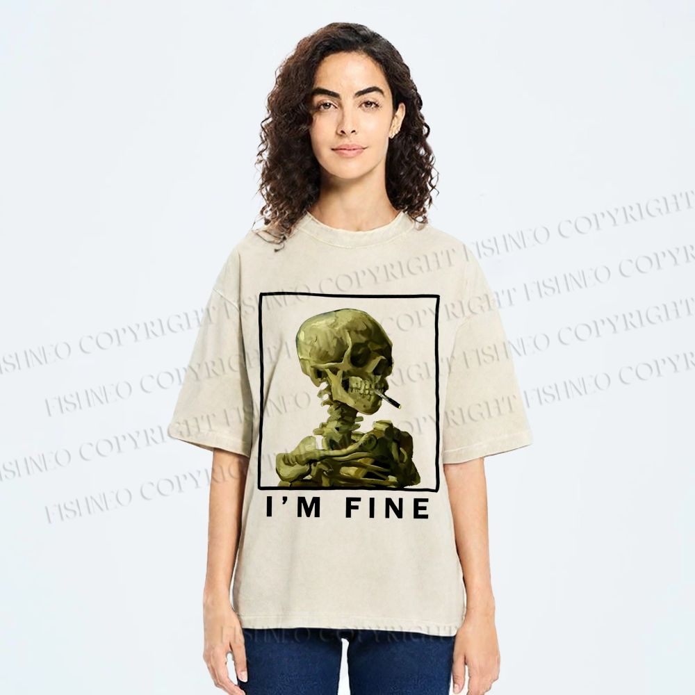 Unisex Skeleton Says Im Fine Printed Washed Tee