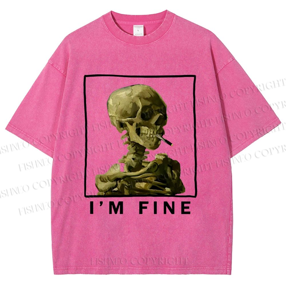 Unisex Skeleton Says Im Fine Printed Washed Tee