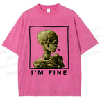 Unisex Skeleton Says Im Fine Printed Washed Tee