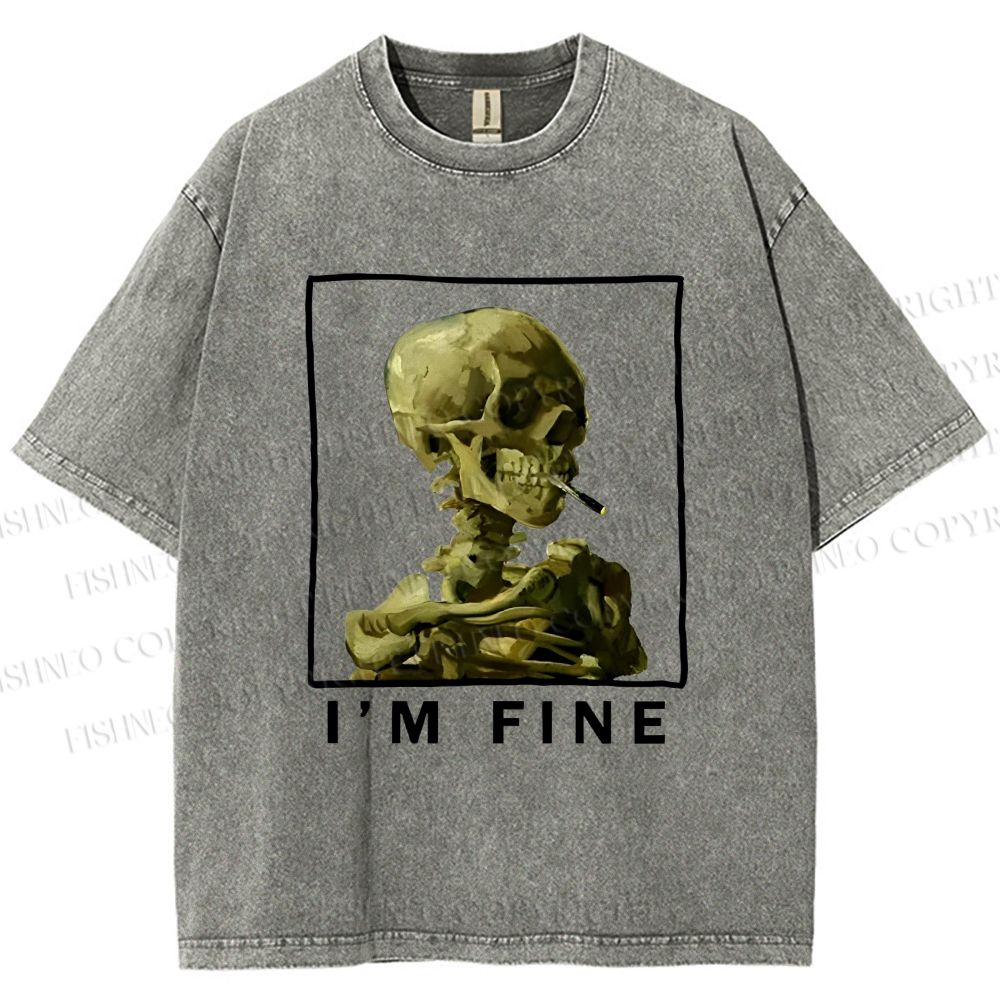 Unisex Skeleton Says Im Fine Printed Washed Tee
