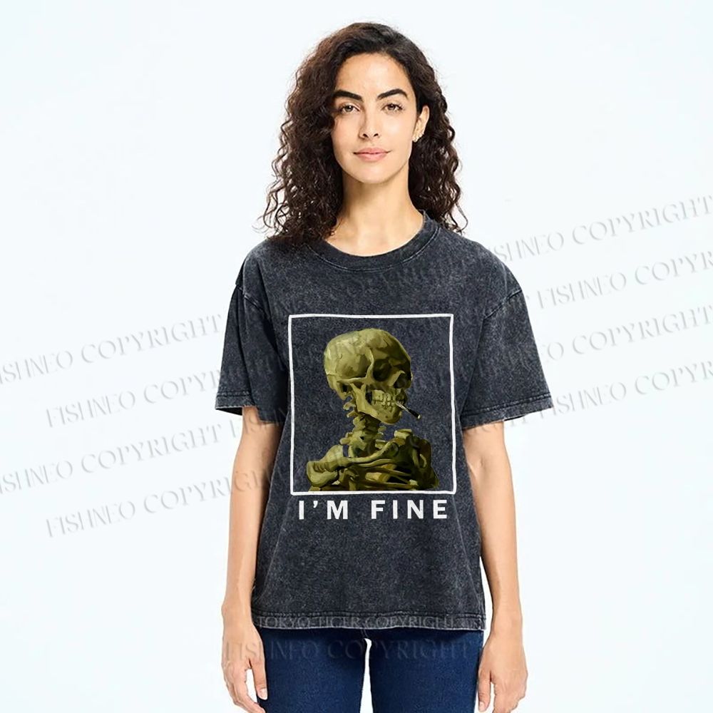 Unisex Skeleton Says Im Fine Printed Washed Tee