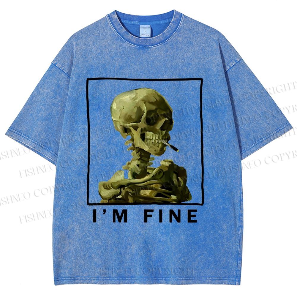 Unisex Skeleton Says Im Fine Printed Washed Tee