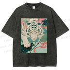 Unisex Oriental White Tiger Art Printed Washed Tee