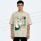 Unisex Oriental White Tiger Art Printed Washed Tee
