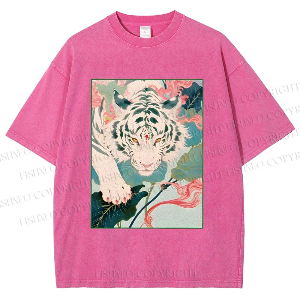 Unisex Oriental White Tiger Art Printed Washed Tee