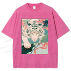Unisex Oriental White Tiger Art Printed Washed Tee