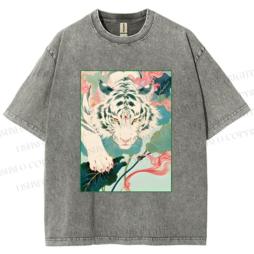 Unisex Oriental White Tiger Art Printed Washed Tee