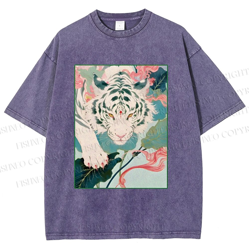 Unisex Oriental White Tiger Art Printed Washed Tee