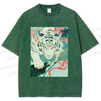 Unisex Oriental White Tiger Art Printed Washed Tee