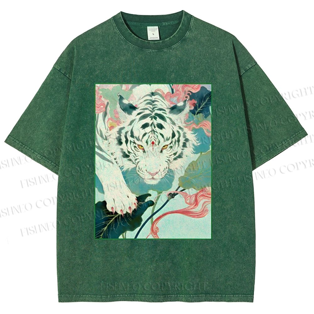 Unisex Oriental White Tiger Art Printed Washed Tee