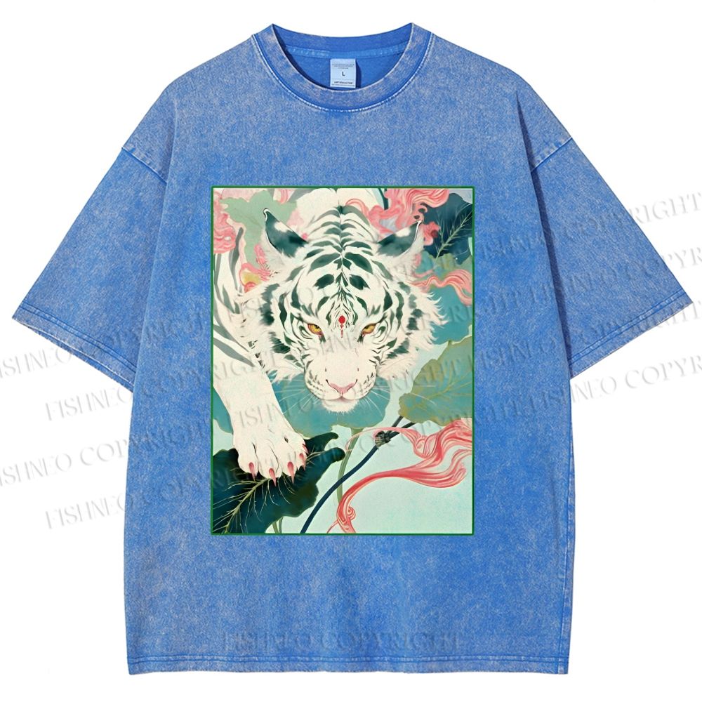 Unisex Oriental White Tiger Art Printed Washed Tee